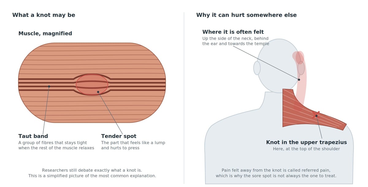 Two part diagram. On the left, a magnified view of muscle fibres showing a taut band where a group of fibres stays tight while the rest relaxes, with a tender spot along it that feels like a lump and hurts to press. On the right, the upper trapezius at the top of the shoulder with a knot marked in it, and the band of pain it refers up the side of the neck, behind the ear and towards the temple