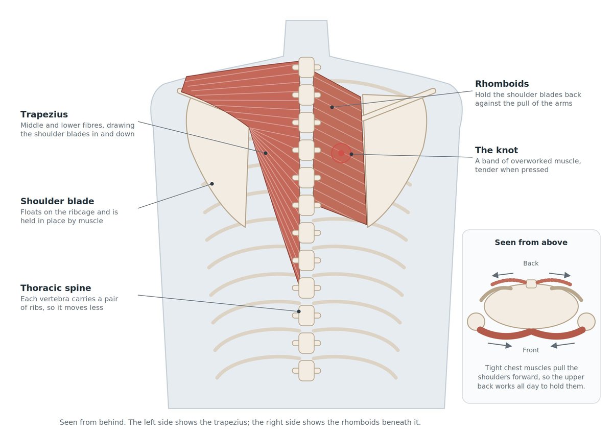 Anatomical diagram of upper back muscles including trapezius, shoulder blade, thoracic spine, rhomboids and chest muscles, with a side view showing how the chest pulls the shoulders forward