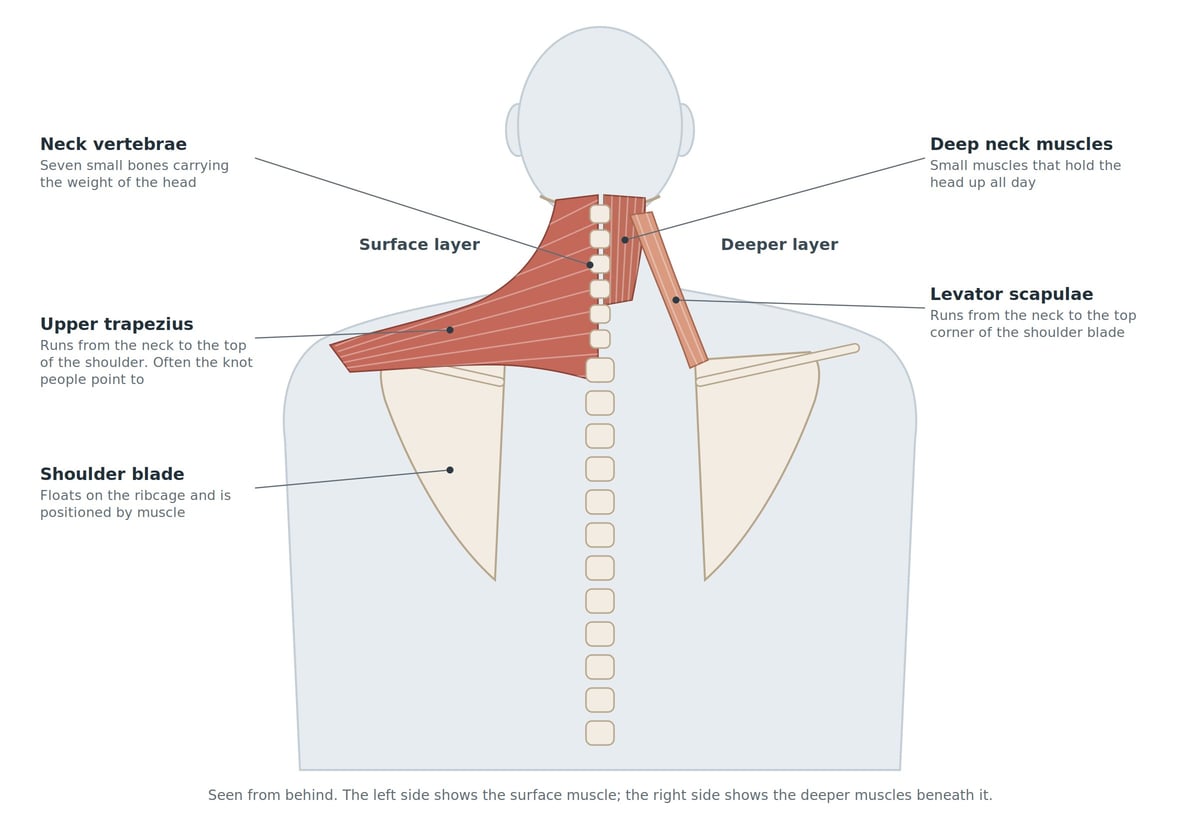 Anatomical diagram of neck and shoulder muscles labelled with neck vertebrae, trapezius, shoulder blade, and deep neck muscles