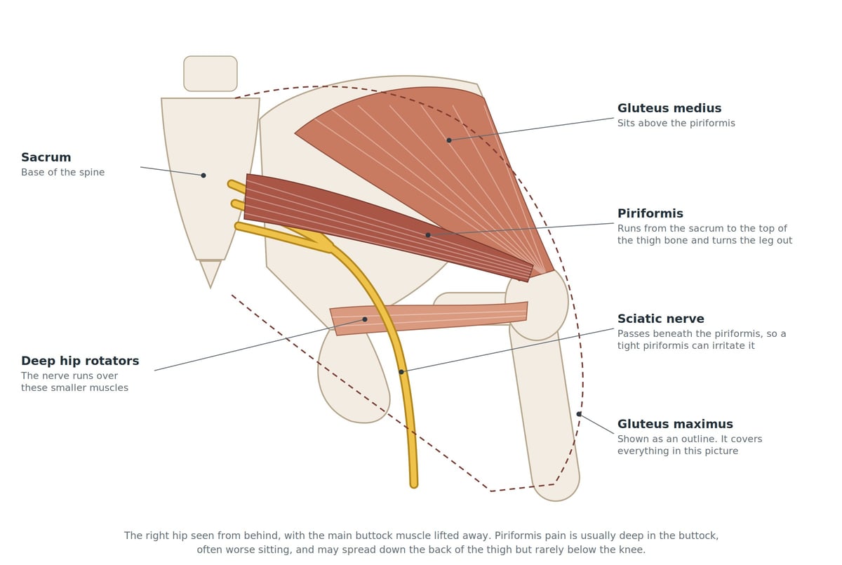 Anatomical diagram of the right hip seen from behind, with the gluteus maximus lifted away to show the gluteus medius, the piriformis running from the sacrum to the top of the thigh, the smaller deep hip rotators beneath it, and the sciatic nerve passing below the piriformis