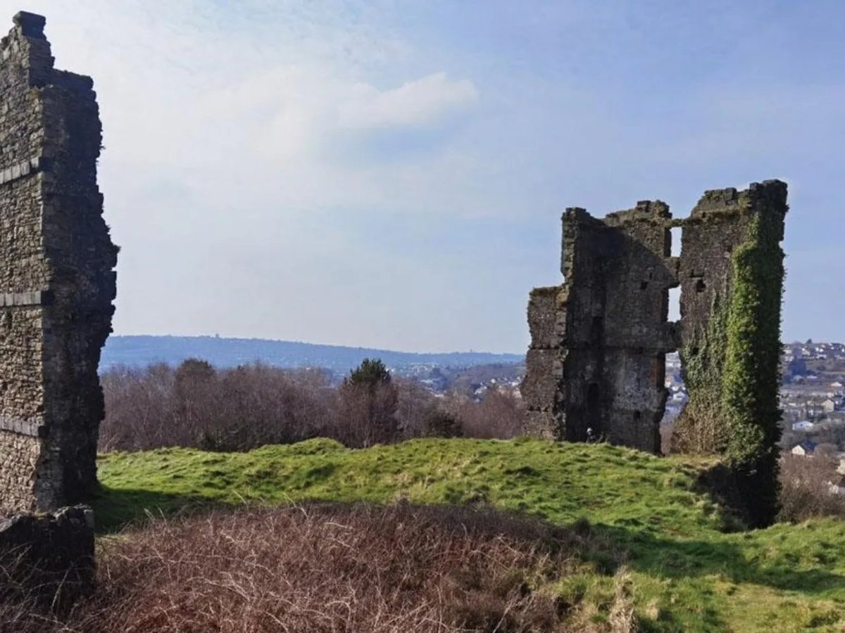 Ruined stone castle walls with window openings on grassy hillside overlooking countryside