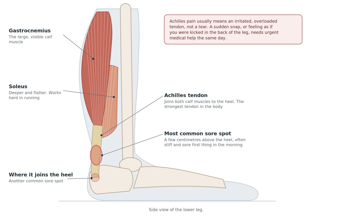 Anatomical diagram of the lower leg showing the gastrocnemius, soleus, and Achilles tendon, with the most common sore spot marked a few centimetres above the heel and the attachment point at the heel bone